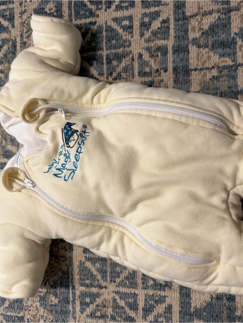 Plush Cream Baby Sleepsuit with Blue Nighttime Embroidery
